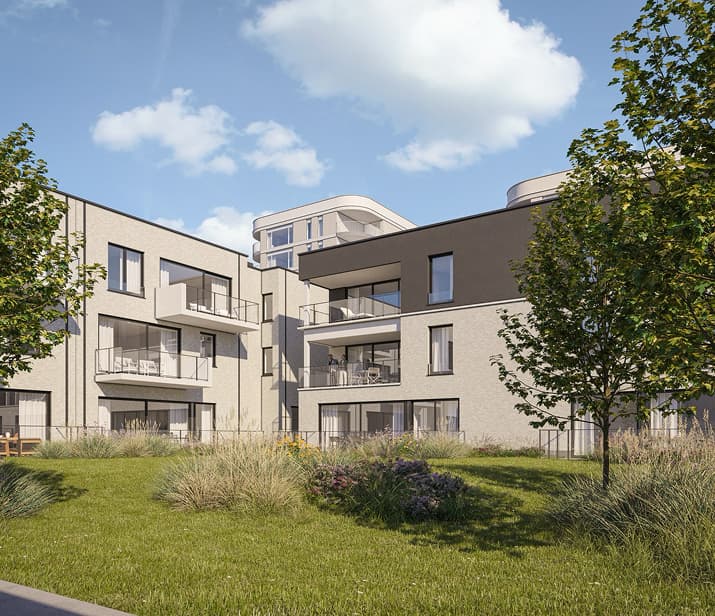 Residentie Blauwe Parel met tuin op de voorgrond