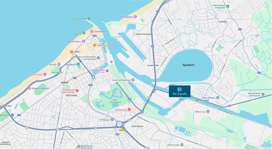 Kaart van De Parels aan de Spuikom, tussen Bredene en Oostende